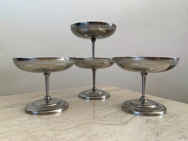 Jean Couzon set of 4 stainless steel coupes French vintage 18/10 stainless steel ice cream cups / dessert bowls / champagne coupes on brushed stainless steel feet image 1