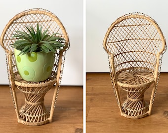 Vintage mini wicker peacock chair - plant stand emmanuelle armchair - rattan plant stand - boho interior - wicker doll chair - 70s