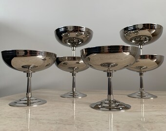 Letang Remy set van 6 inox glanzende coupes Franse vintage 18/10 roestvrij staal ijsbekers / dessertkommen op voet RVS