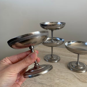 Jean Couzon set of 4 stainless steel coupes French vintage 18/10 stainless steel ice cream cups / dessert bowls / champagne coupes on brushed stainless steel feet image 4