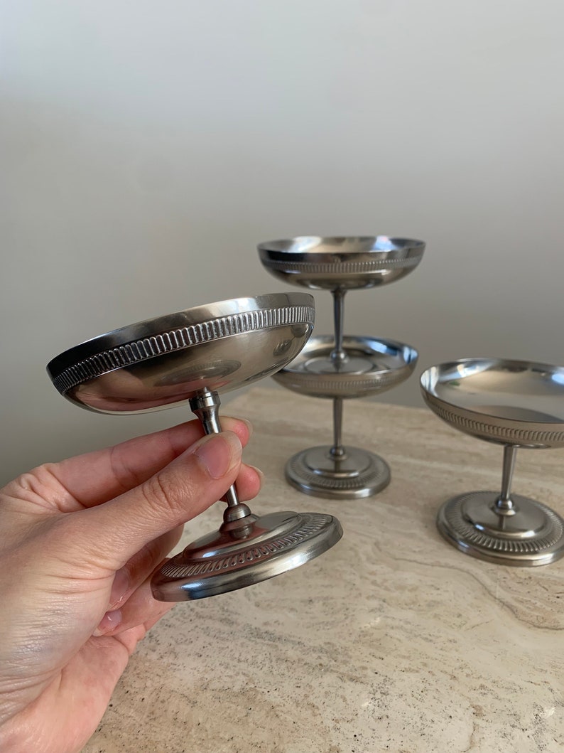 Jean Couzon set of 4 stainless steel coupes French vintage 18/10 stainless steel ice cream cups / dessert bowls / champagne coupes on brushed stainless steel feet image 4