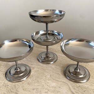 Jean Couzon set of 4 stainless steel coupes French vintage 18/10 stainless steel ice cream cups / dessert bowls / champagne coupes on brushed stainless steel feet image 2