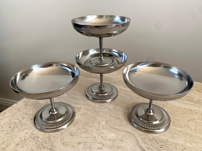 Jean Couzon set of 4 stainless steel coupes French vintage 18/10 stainless steel ice cream cups / dessert bowls / champagne coupes on brushed stainless steel feet image 2