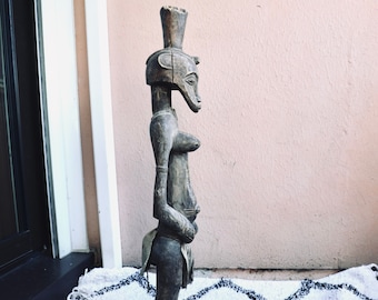 Große antike afrikanische Statue, primitive Kunst, Stammeskunst, afrikanische Stammesstatue, Déblé Senoufo Holzfigurenskulptur, Stammesfetisch