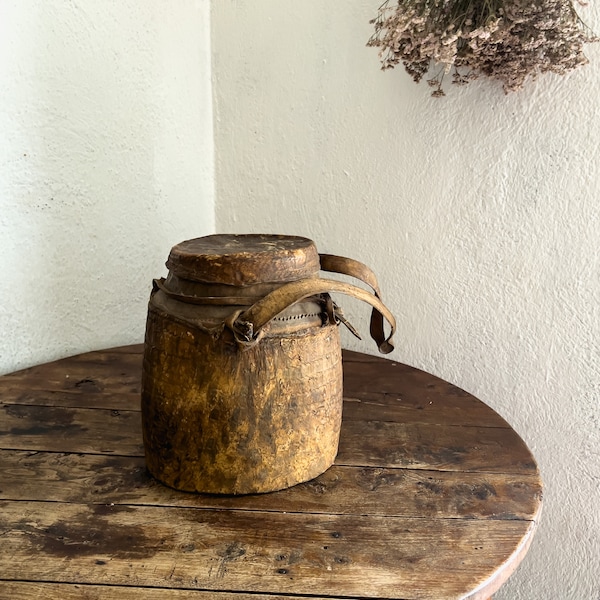 African wood and leather pot Turkana tribe Kenya, Container for honey and meat antique acacia wood, box Handmade antique African vase