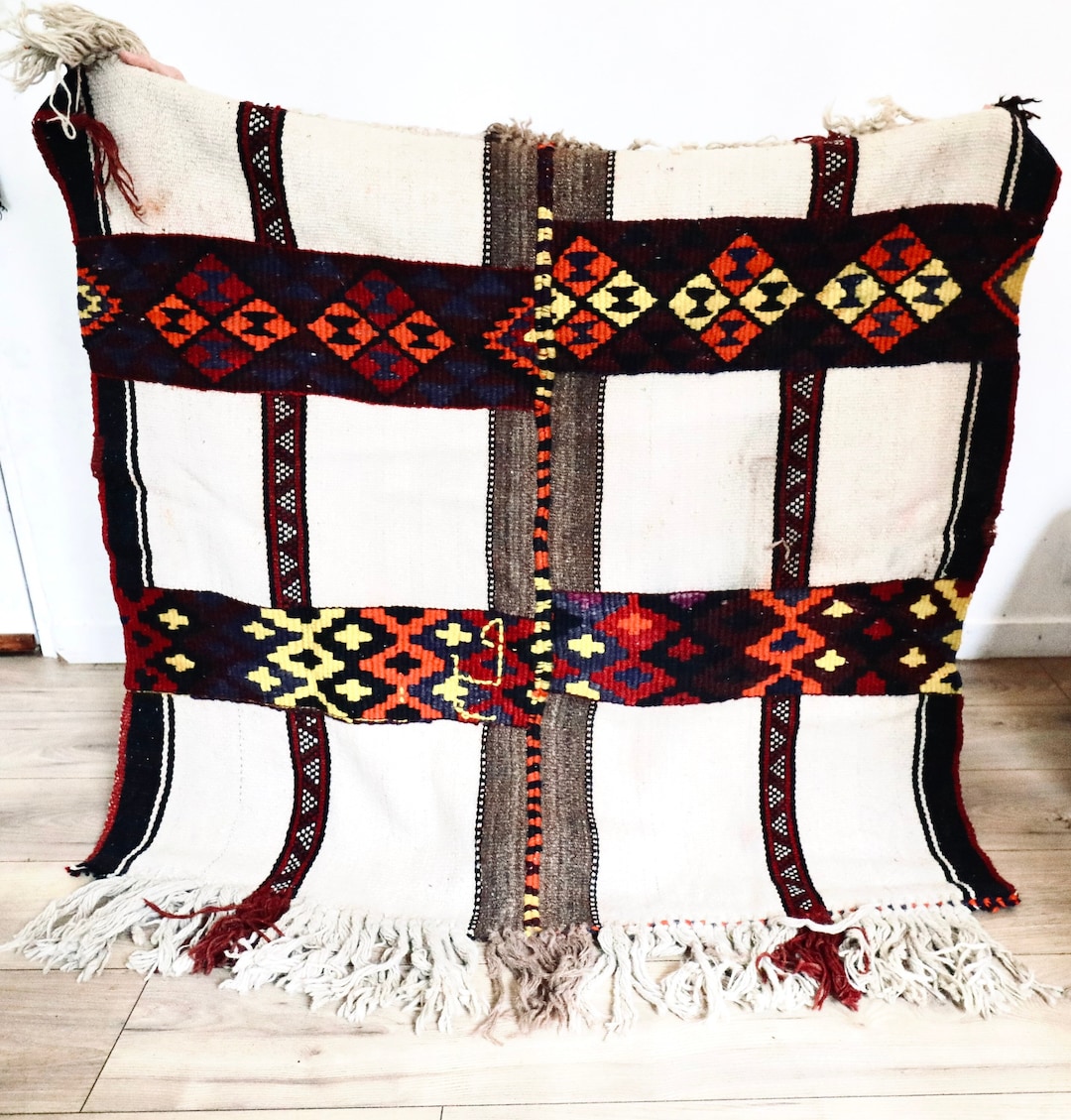 Bedouian Rug Bedouin Kilim Rug 1950s, Old White Striped Rug 133x115, Old Berber Rug ...