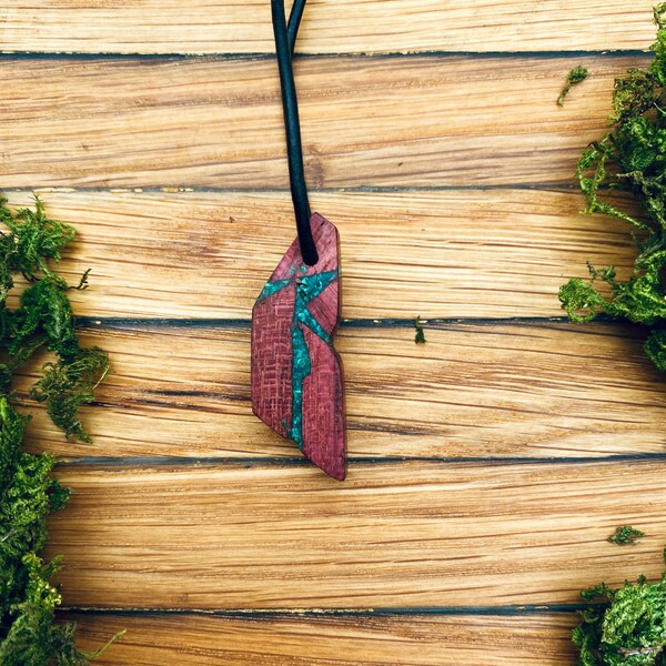 Bloodwood Malachite Pendant, Hand Carved Wooden Pendant, Wooden Jewelry
