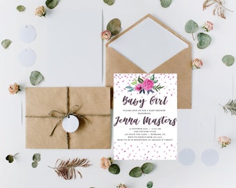Pink Floral Invitation Baby Shower, Flower Baby Shower, Editable Invitation, Baby Girl, Girl Shower, Printable Baby Shower Invitation