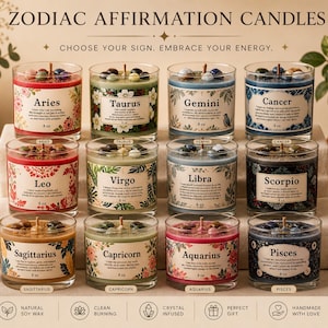 Peut inclure: Douze bougies en pot de verre, chacune portant un signe du zodiaque et des motifs floraux. Les bougies sont remplies de cire colorée et surmontées de pierres décoratives. Le texte "ZODIAC AFFIRMATION CANDLES" et "CHOOSE YOUR SIGN. EMBRACE YOUR ENERGY." est visible.