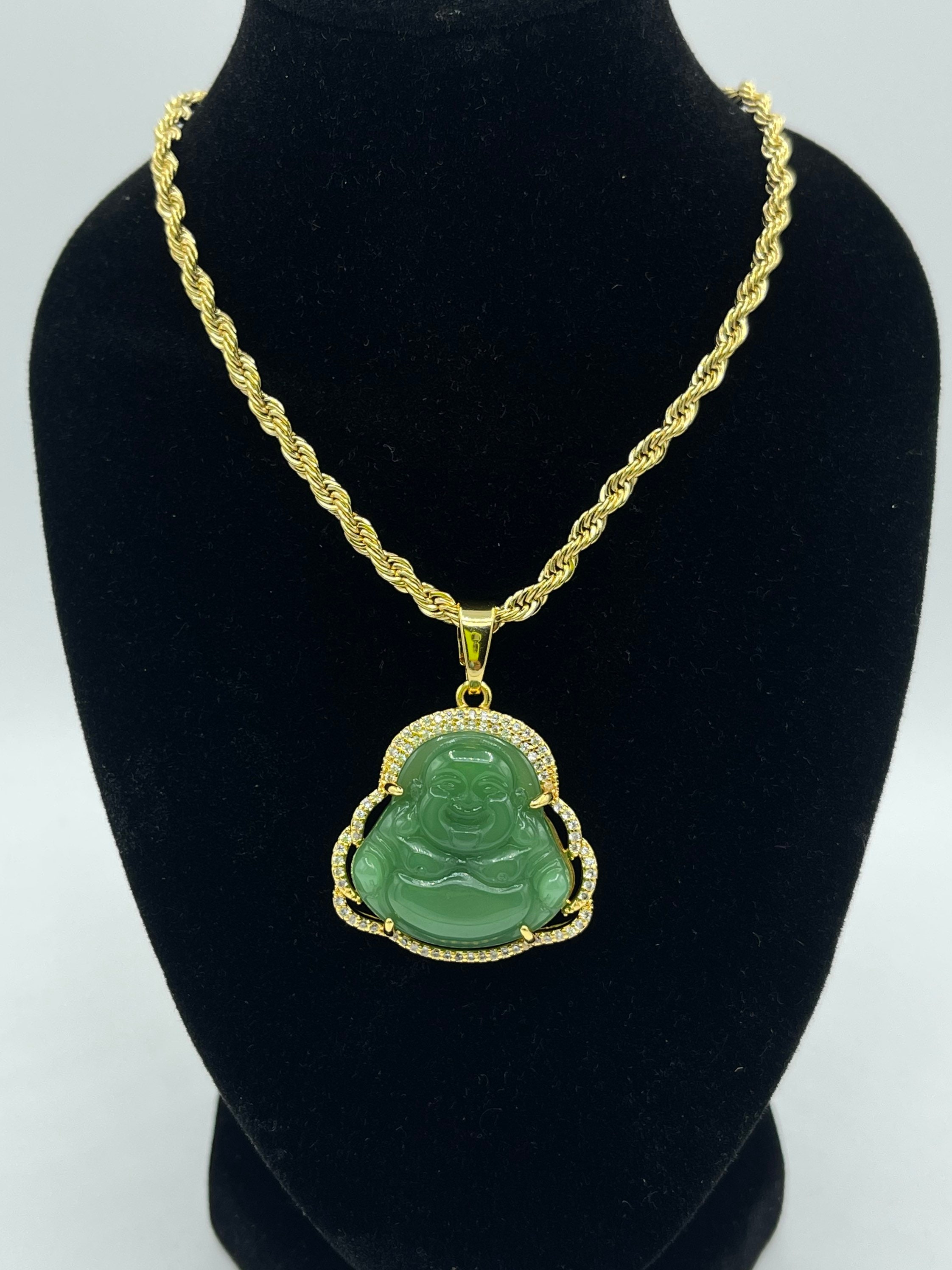 Carved Jade Buddha Crystal Pendant Gold Plated Necklace Etsy