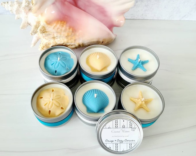 Coastal Waters Premium 5oz Hand Poured Soy Candles - Ocean Shapes - Starfish - Seashell - Sand Dollar