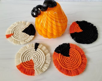Halloween Macramé Natural Cotton Coasters for Candles and Mugs - set of 2 - Halloween Decor - Black and Orange - Boho chic fringe coaster
