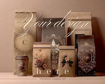 Premium Kaffeeverpackungen Mockup Bundle | Vintage Kraft Kaffee Tasche und Tasse PSD | Bearbeitbares Branding Mockup für Cafés & Röster