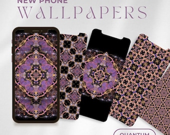 May include: A collection of phone wallpapers featuring intricate geometric designs in shades of purple, gold, and black. The text "NEW PHONE WALLPAPERS" and "QUANTUM TAPESTRY" are displayed. The website address veronicasuarezart.com is also visible.