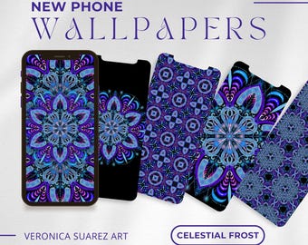 May include: A collection of phone wallpapers featuring intricate mandala designs in shades of blue, purple, and black. The text "NEW PHONE WALLPAPERS" and "CELESTIAL FROST" are displayed. The artist's name, "VERONICA SUAREZ ART", is also visible.