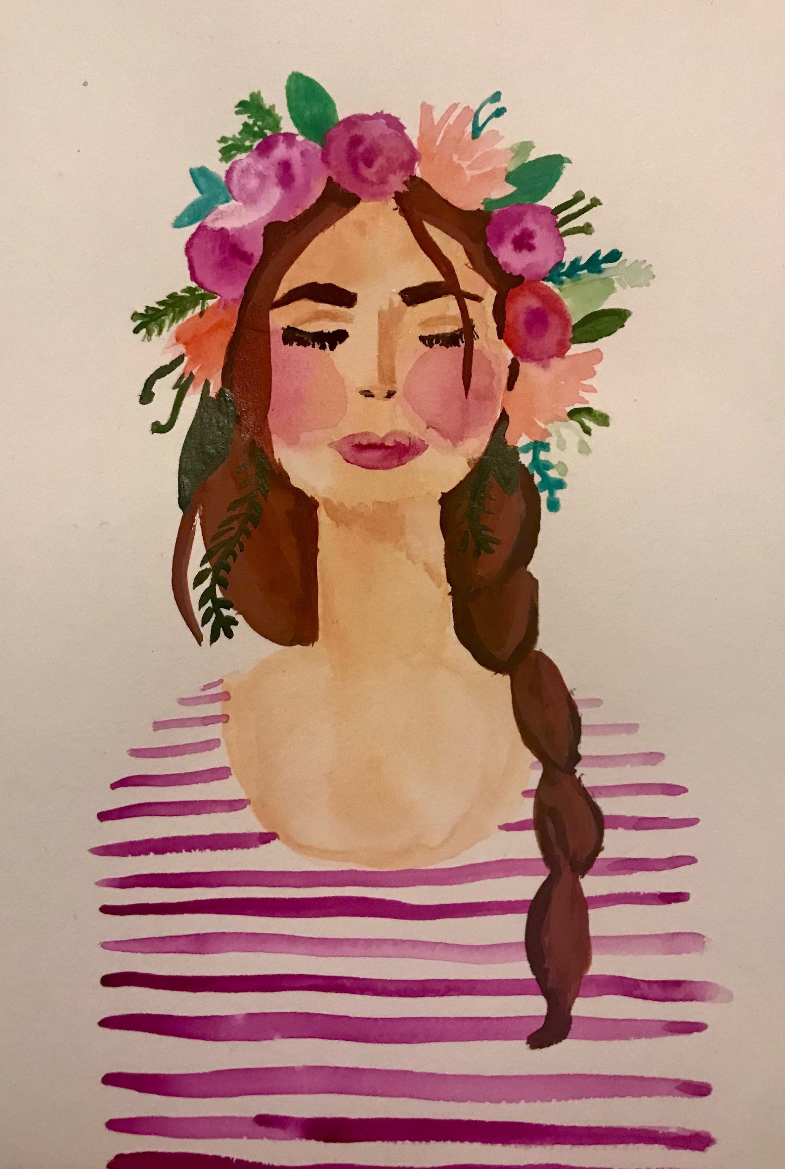 Watercolor Girl with Flower Crown Painting Etsy