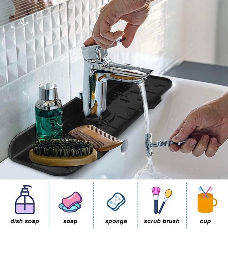 Silicone Faucet Handle Drip Catcher Tray 3 Piece, Kitchen Sink Organizer Faucet Splash Guard