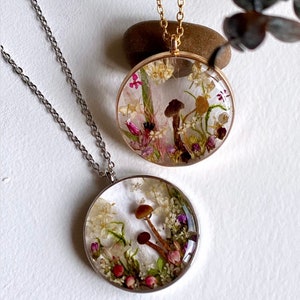 Forest necklace: Real mushroom and lichen necklace, terrarium necklace with dried flowers, stainless steel, gifts, unique