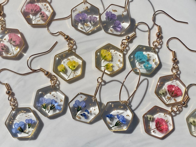 gifts unique Floral dangle and drop hexagon earrings with real flowers Forget me not flowers gypsophila dainty