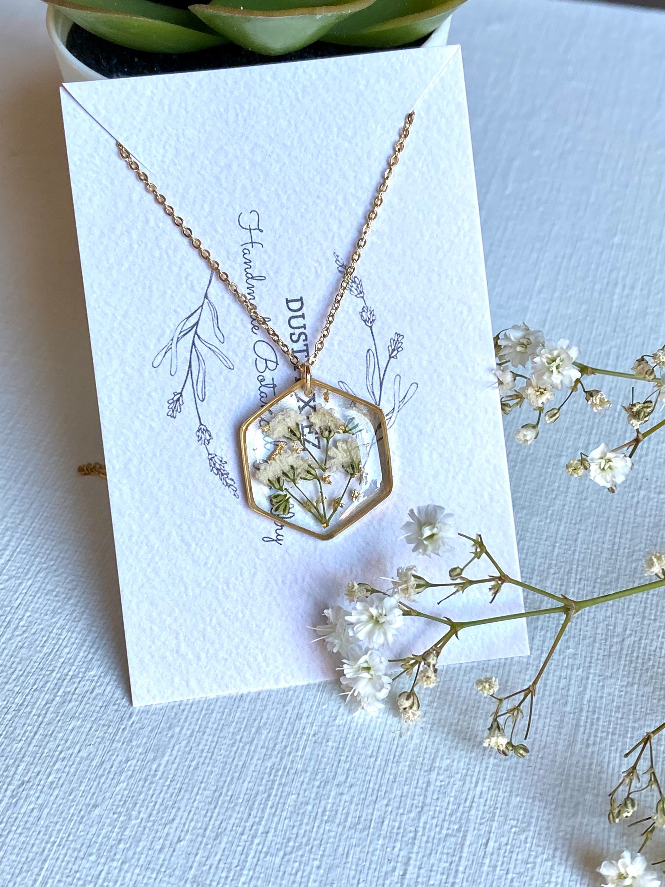Gypsophila Hexagon Necklace Pressed Flower Resin Necklace Etsy UK