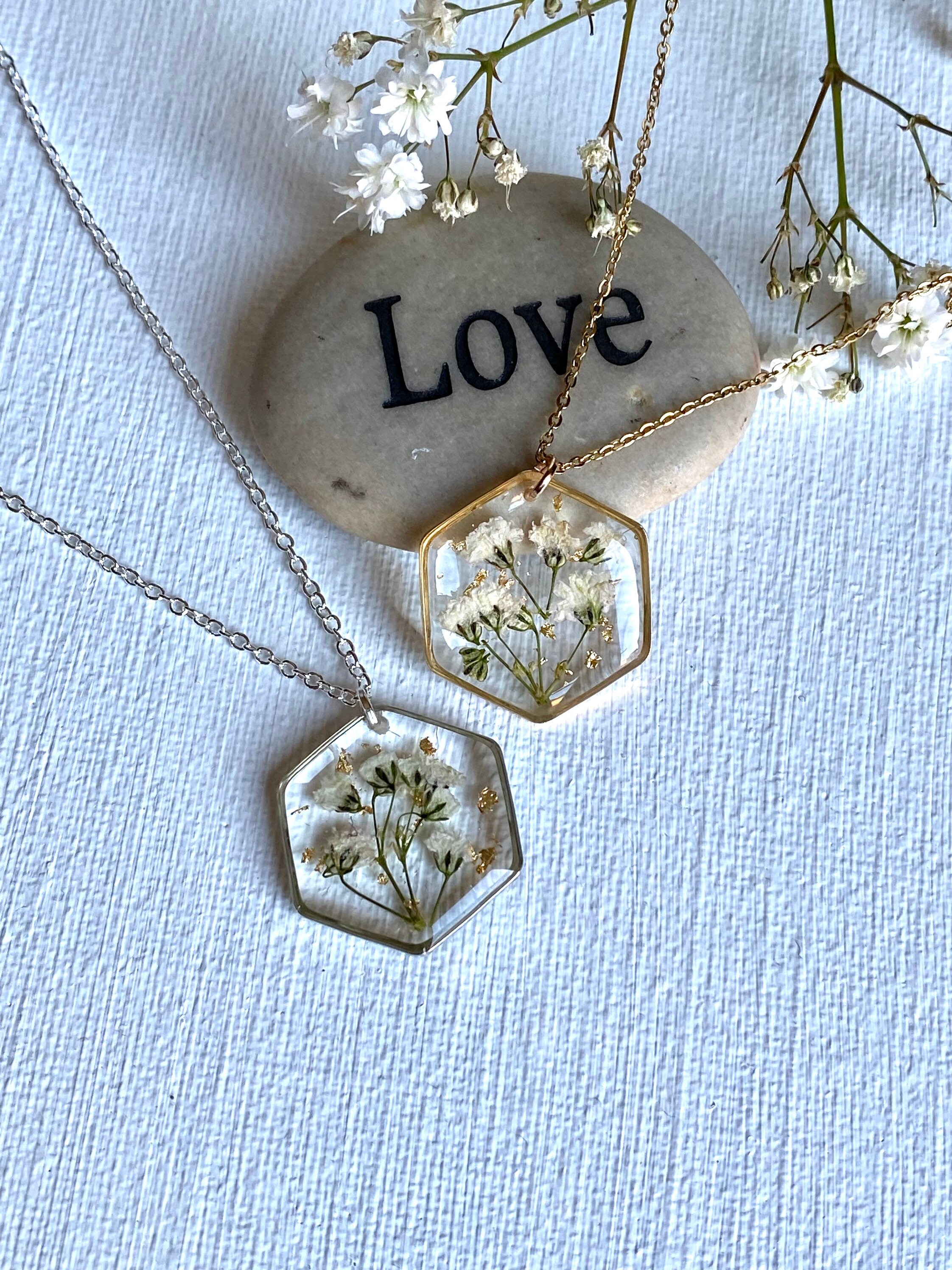 Gypsophila Hexagon Necklace Pressed Flower Resin Necklace Etsy UK