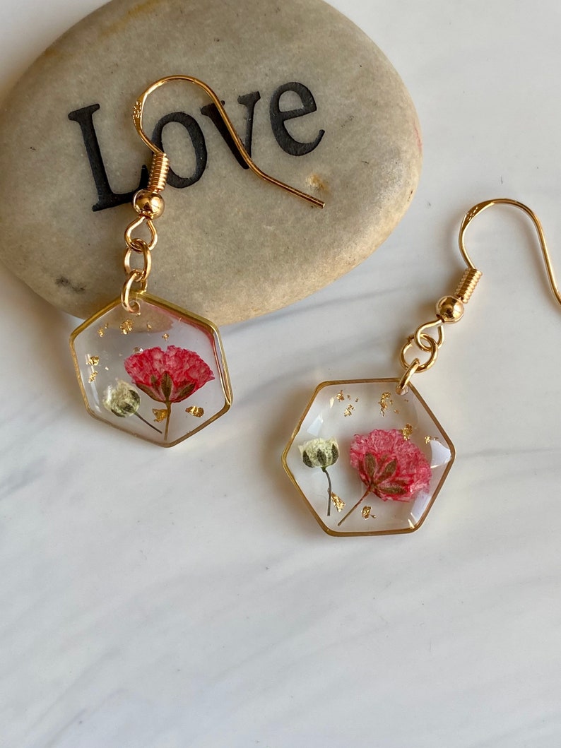 gifts unique Floral dangle and drop hexagon earrings with real flowers Forget me not flowers gypsophila dainty
