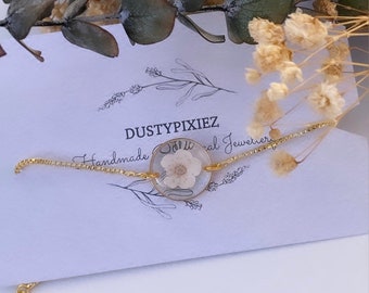 Dainty plum blossom flower bracelet, gold plated slider bracelet, pressed flowers, gifts for her, gifts for mum, one of a kind