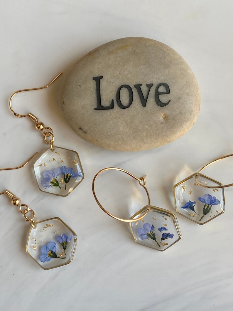 gifts unique Floral dangle and drop hexagon earrings with real flowers Forget me not flowers gypsophila dainty