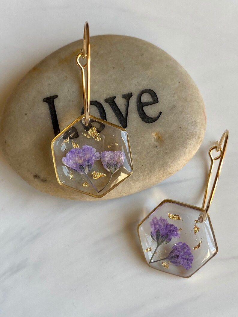 gifts unique Floral dangle and drop hexagon earrings with real flowers Forget me not flowers gypsophila dainty