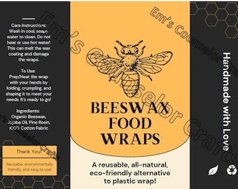 Pode incluir: Embrulhos de alimentos de cera de abelha com uma ilustração de abelha. O texto "Beeswax Food Wraps" está em preto sobre fundo amarelo. O texto "A reusable, all-natural, eco-friendly alternative to plastic wrap!" está em preto sobre fundo branco. O texto "Handmade with Love" está em branco sobre fundo preto.