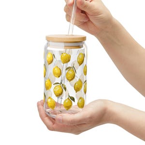 Lemon Glass Tumbler, Summer Sipper Cup with Straw and Lid, Cute 16oz Drinkware for Cool Beverages, Gift for Lemon Lovers, Lemonade