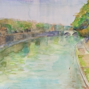 View from a bridge watercolor painting handmade artwork