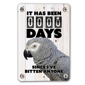 Può includere: Un cartello di legno bianco con un pappagallo grigio sopra. Il cartello dice "Sono passati 00001 giorni da quando ho morso qualcuno".