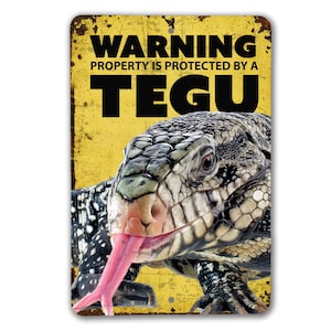 May include: A yellow warning sign with the text "WARNING PROPERTY IS PROTECTED BY A TEGU" and a close-up image of a black and white Tegu lizard with a pink tongue.