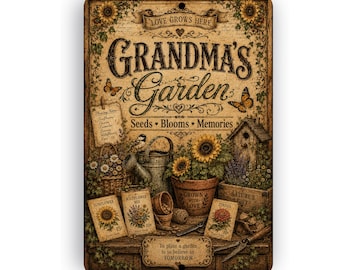 Grandma’s Garden Aluminum Sign, Vintage Metal Garden Decor, Mother’s Day Gift, Rustic Sunflowers Daisies Wall Art, Outdoor Garden Plaque