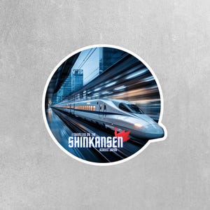 May include: A white and blue bullet train, known as the Shinkansen, speeds through a tunnel. The text "I travelled on the Shinkansen across Japan" is printed on the sticker.