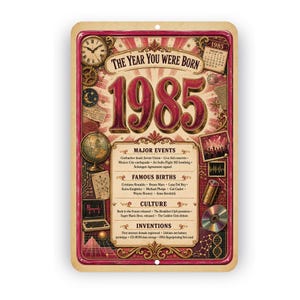 May include: A rectangular metal sign with a vintage aesthetic featuring the text THE YEAR YOU WERE BORN 1985. The design includes a clock, a calendar, a globe, a computer, a battery, and a disc, alongside lists of major events, births, and culture.