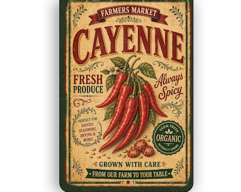 Botanical Cayenne Wall Sign | Vintage Nature Garden Art | Farmhouse Cottagecore Decor | Aluminum Metal Sign | Rustic Kitchen Gift