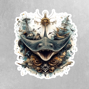 May include: A colorful illustration of a stingray with a large open mouth, surrounded by steampunk-inspired elements like gears, ships, and a compass. The background is a watercolor wash of blue and green.