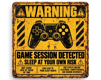 Game Session Detected Warning Sign – Funny Gamer Gaming Room Metal Sign