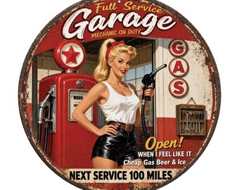 Vintage Full Service Garage Pin-Up Sign – Retro Garage Wall Décor