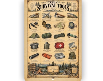 Types of Survival Tools Vintage Sign – Wilderness Survival Gear Wall Decor