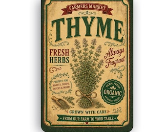 Botanical Thyme Wall Sign | Vintage Nature Garden Art | Farmhouse Cottagecore Decor | Aluminum Metal Sign | Rustic Kitchen Gift