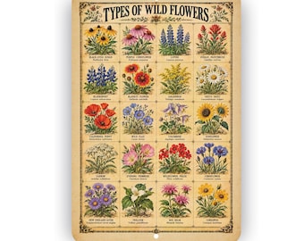 Types of Wild Flowers Aluminum Sign – Vintage Botanical Wildflower Wall Decor