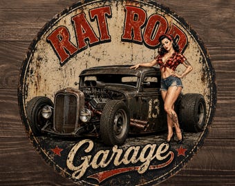 Rat Rod Garage Metal Sign, Vintage Hot Rod Garage Decor, Pin up