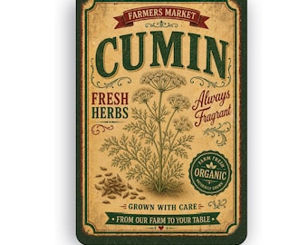 Botanical Cumin Wall Sign | Vintage Nature Garden Art | Farmhouse Cottagecore Decor | Aluminum Metal Sign | Rustic Kitchen Gift