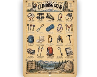 Types of Climbing Gear Vintage Sign – Rock Climbing Equipment Wall Decor