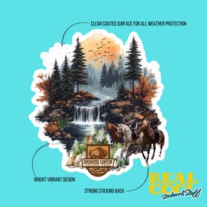 May include: A sticker featuring a scenic landscape with a waterfall, trees, and a sunset. The sticker has the text "Dogwood Canyon Nature Park" and a bison logo. The sticker is weatherproof and has a strong adhesive backing.