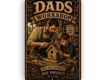 Dad's Workshop Metal Sign – Vintage Woodworking Wall Decor, Heritage Gift