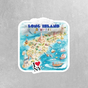 May include: A watercolor illustration of Long Island, New York, with a map of the island and surrounding waters. The illustration includes a lighthouse, boats, and the text "Long Island, New York". There is also an "I Love NY" heart logo in the bottom left corner.